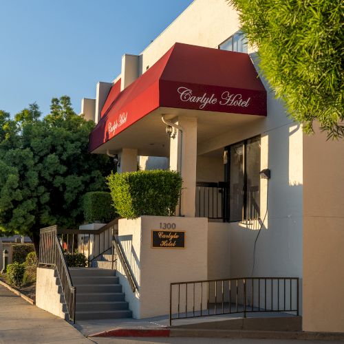 A small storefront on a sunny street with a red awning, potted plants, and trees lining the sidewalk, inviting pedestrians.