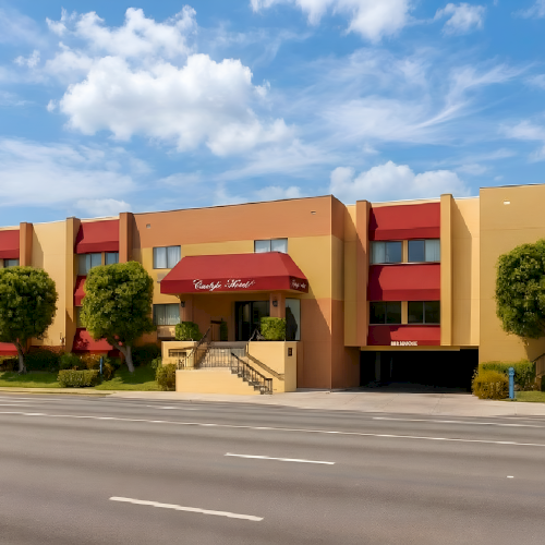 A two-story, peach-and-tan motel or building with red awnings, palm trees, and a blue sky; there's a front entrance with stairs and a sign, across a wide street.