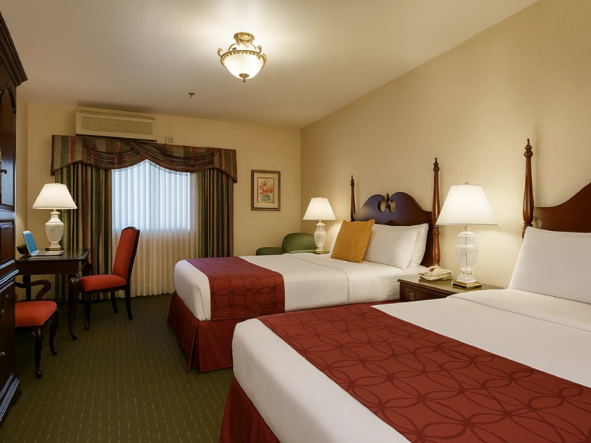 Two double beds in a hotel room with warm lighting, a desk and chairs by the window, and burgundy accents.