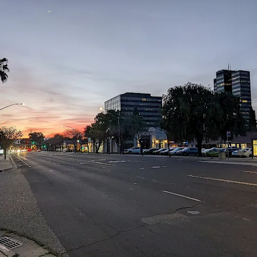 Dusk street scene with cars, streetlights, palm trees, and office towers in the background.