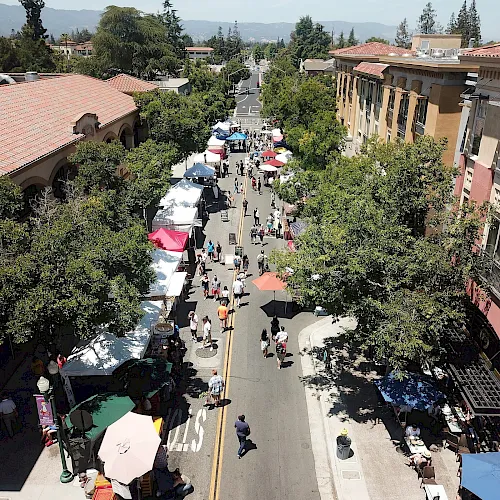 Sunlit campus walkway filled with people, vendor tents, and leafy trees between academic buildings, with hills in the distance.